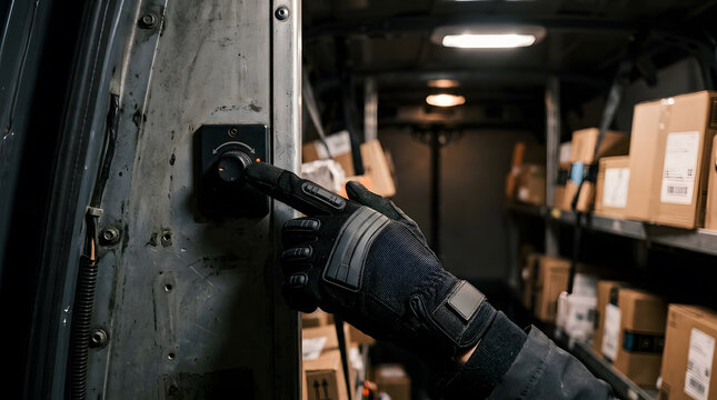 delivery driver adjusting van controls|cargo van interior with shipping boxes|close up of gloved hand operating equipment|logistics and package delivery service