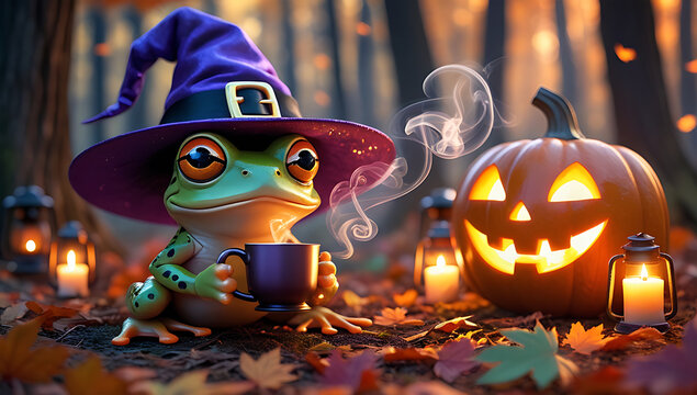Cute frog wearing a witch hat beside glowing pumpkin in an autumn forest. Fun Halloween artwork for invitations, cards, posters and decorations.