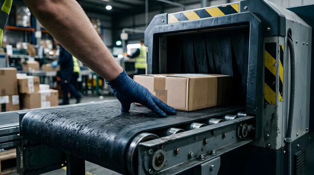 Warehouse worker scanning packages on conveyor belt | Logistics fulfillment center sorting and shipping | Industrial security X-ray machine for parcels | Automated mail delivery sorting facility