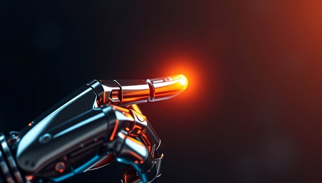Closeup of robotic hand with glowing orange laser pointer on dark background