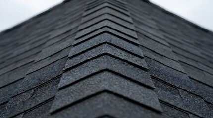A close-up view of the ridge cap shingles on a residential house featuring textured dark grey asphalt roof materials installed with precision roofing techniques. © Dream Pixel