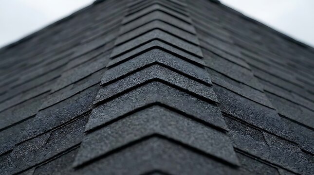 A close-up view of the ridge cap shingles on a residential house featuring textured dark grey asphalt roof materials installed with precision roofing techniques.