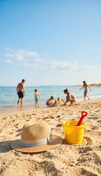 Child's sun hat and sand bucket on beach with family playing in background