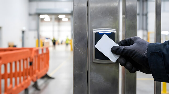 warehouse security access control system | rfid key card reader for industrial entry | worker using electronic identity card at gate | secure entry management in storage facility