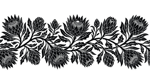 Repeating floral border pattern featuring black protea flowers in a decorative hand drawn style
