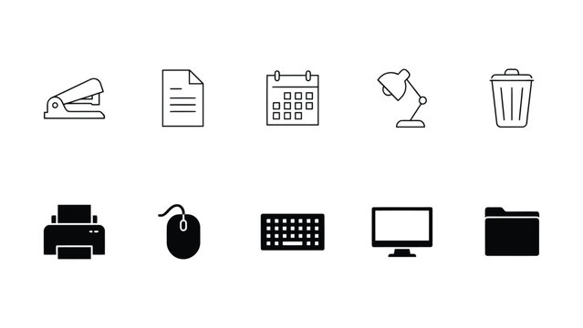Black and white office supplies and computer icons on transparent background