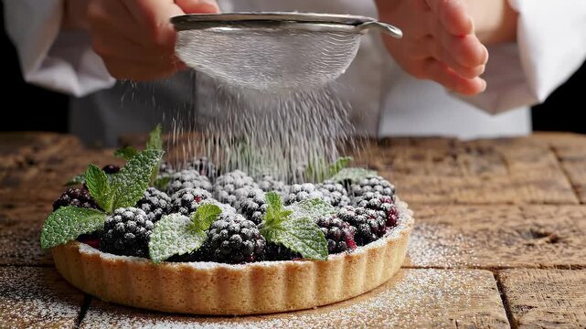 4K Macro Close Up of Pastry Chef Sifting Powdered Sugar over Fresh Blackberries