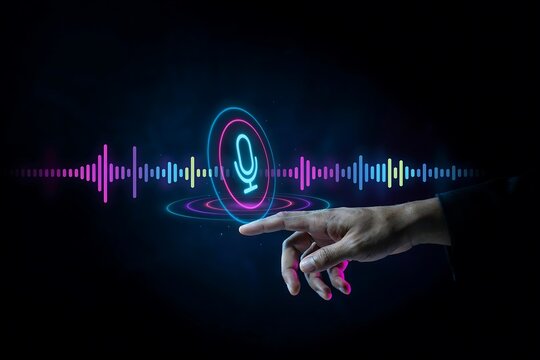 Person interacting with a digital voice assistant interface with colorful sound wave graphics