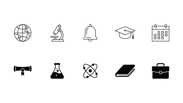 Set of black line icons for education and science on white background