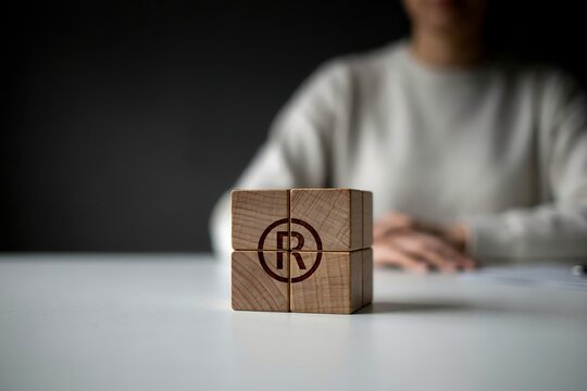 Wooden cubes with a registered trademark symbol representing intellectual property protection