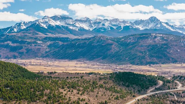Beautiful snowcapped mountains in Colorado, Ridgeway drone hyperlapse 4K