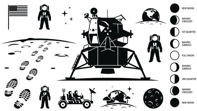 Apollo Lunar Lander and Moon Phases Silhouette Vector Icon Sheet, Astronaut Footprint Space Exploration Elements, Two Color Black and White Clip Art
