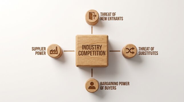 Porter's Five Forces framework concept diagram on wooden blocks representing industry competition and strategic analysis