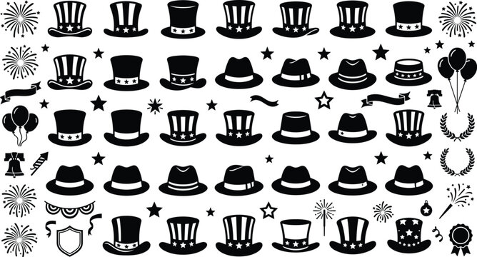 American Independence Day silhouette icon set featuring Uncle Sam top hats fedoras fireworks stars shields liberty bells and patriotic party elements