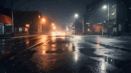 Woman runs quickly down a wet city street at nighttime © Martin