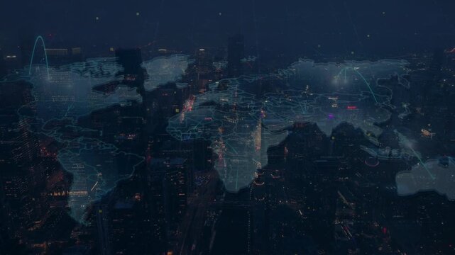 Glowing digital world map with network connections superimposed over an aerial view of a vibrant night city, depicting international business and global connectivity.