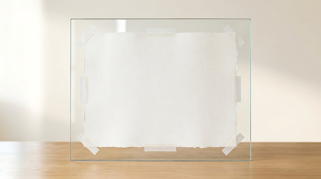 Blank textured paper sheet taped on glass display board placed on wooden table