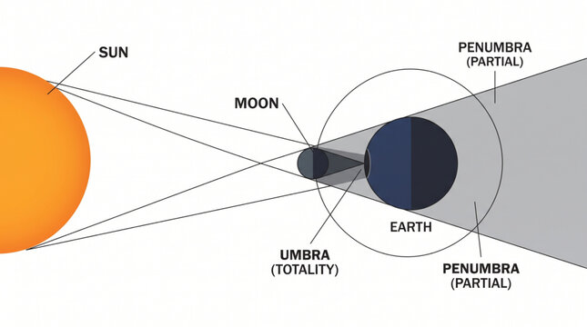 Vector Diagram Illustrating the Geometry of a Solar Eclipse with Umbra and Penumbra