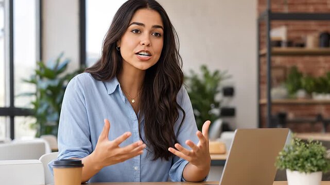 Female entrepreneur gestures expressively while speaking at a wooden desk in a coworking space. Next to her open laptop sits a paper coffee cup and a small potted plant in a bright, modern interior