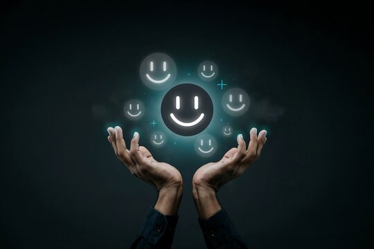 Hands holding glowing smiley faces representing customer satisfaction and positive feedback