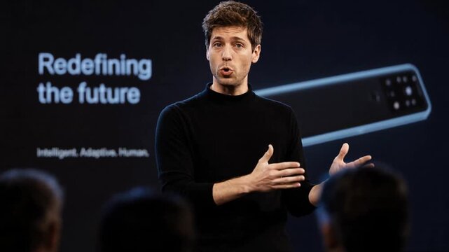 Young tech founder speaks expressively during a keynote presentation. Behind him, a large dark screen displays a sleek device