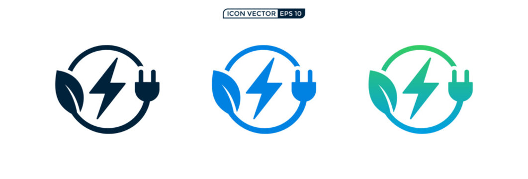 Green energy icons set with lightning bolt leaf and electric plug symbols for sustainable power concepts.