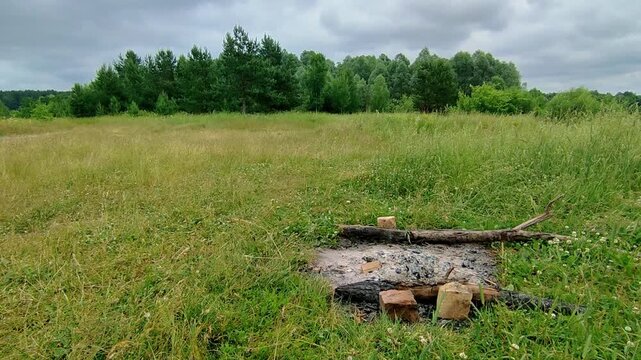 Extinguished campfire in a grassy field near a forest boundary. Remaining ashes and burnt wood logs in meadow landscape. Rural wilderness camping site scenery.