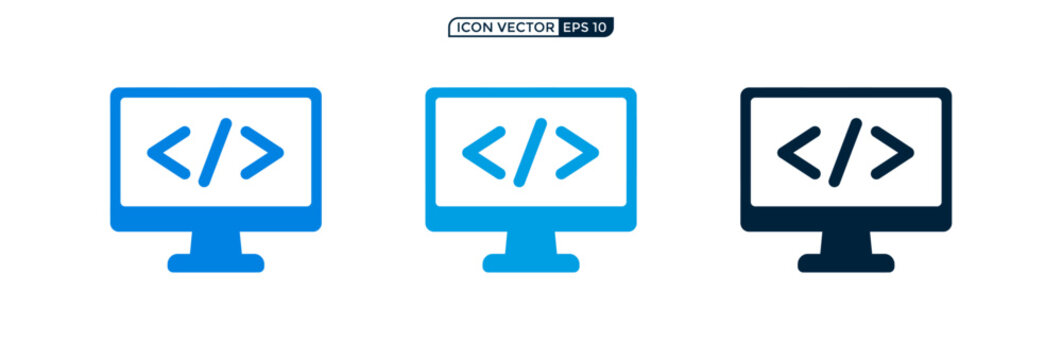 Computer monitor screen with coding brackets and slash symbol icons set.
