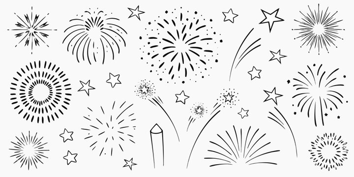 Fireworks and stars black and white vector illustration on a white background