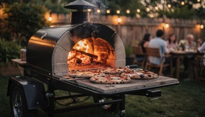 Medium shot of a mobile woodfired pizza oven mounted on a trailer with flames glowing pizzas cooking fresh onsite during a lively backyard party blurred guests in the background.
