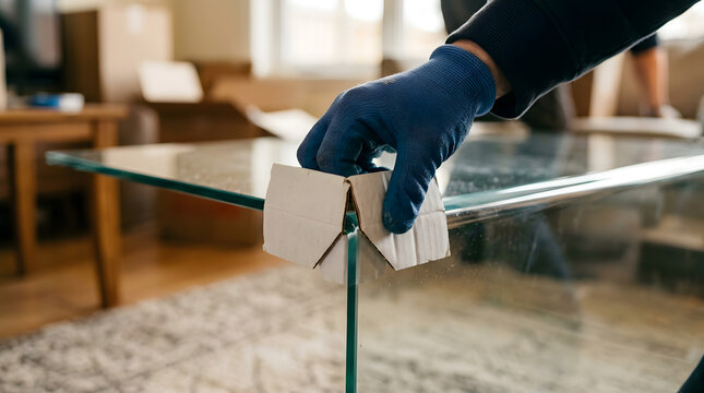 Professional furniture moving services | Packing fragile glass items for transport | Using cardboard corner protectors for safety | Residential relocation packing process