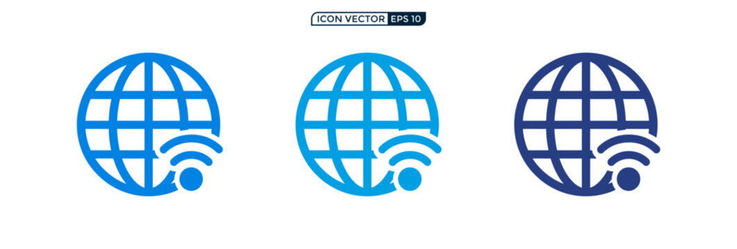 Global network connection icons with globe and wifi signal symbols in blue shades.