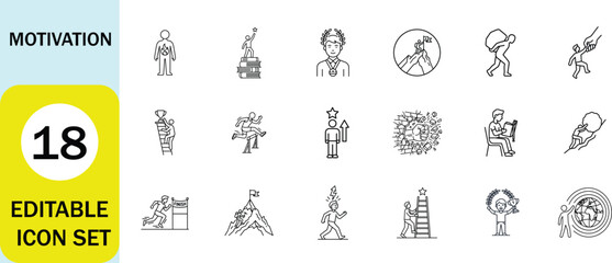Fototapeta premium Motivation line icon set. success, goal, achievement, mindset, confidence, leadership, inspiration, growth, trophy, opportunity. Editable stroke. Vector illustration