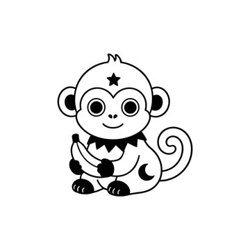 Adorable black and white cartoon monkey with stars and a crescent moon in a minimalist kawaii style. Perfect for nursery decor, children's prints, stickers, coloring activities, baby products