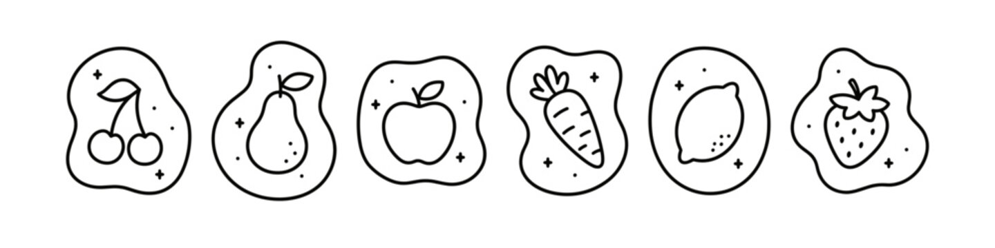 Cute kawaii fruit clipart set featuring strawberry, pear, apple, banana and kiwi illustrations in a minimalist hand-drawn style. Perfect for children's products, nursery decor, stickers, educational 