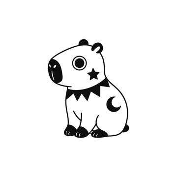Adorable black and white cartoon capybara with stars in a minimalist kawaii style. Perfect for nursery decor, stickers, children's prints, coloring activities baby products and creative design project