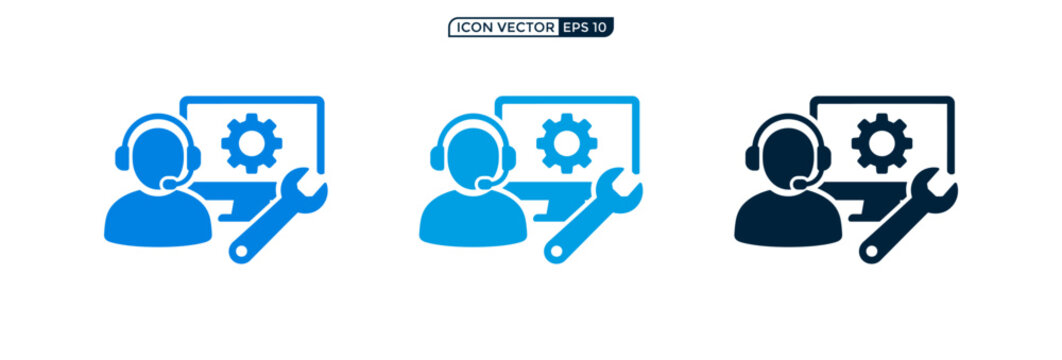 Technical support operator icon set with computer screen wrench and gear symbols.