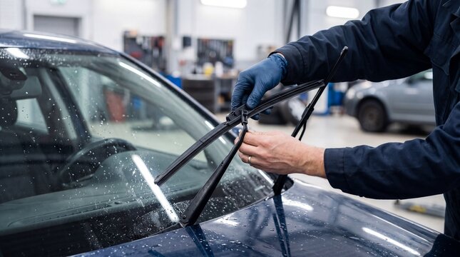 Close view shows gloved mechanic installing windshield wiper blades on rain speckled car hood inside bright auto repair workshop, with other vehicles and blurred equipment in background for service