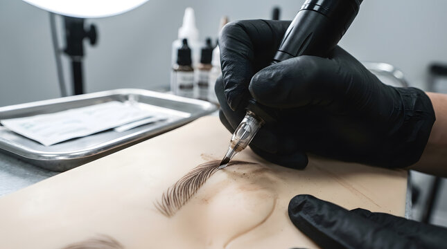 Permanent makeup training on practice skin | Microblading artist using rotary machine | Professional PMU hair stroke technique | Eyebrow tattoo procedure macro