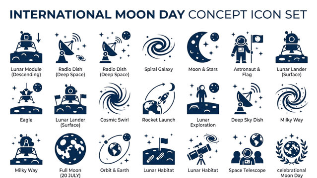 International Moon Day Silhouette Vector Icon Set, Lunar Landing Module and Radio Dish Elements, Deep Blue and White Galaxy Spirals Flat Clip Art