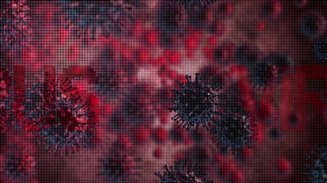 Microscopic view of abstract virus cells overlaid with a red digital pixel grid pattern. Represents biological threats, digital virus concepts, global pandemics, and virology research.