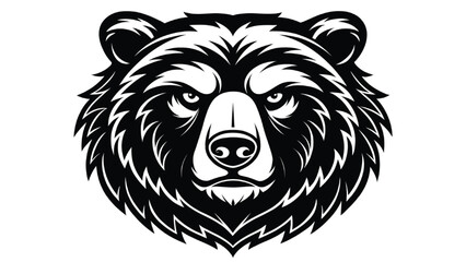 Fototapeta premium Bear head stares directly forward with an intense and aggressive expression captured in a bold black and white graphic illustration style for branding.