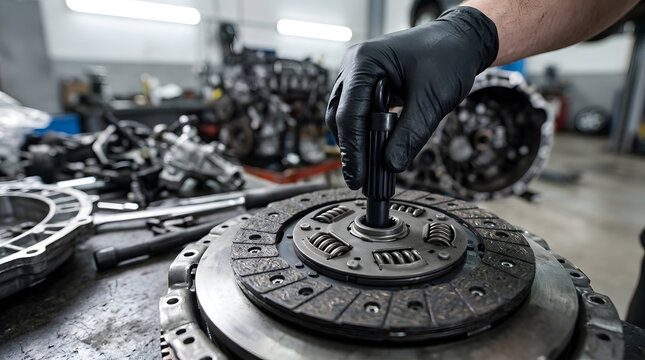 professional car clutch repair services | automotive transmission maintenance workshop | mechanic installing clutch disc with tool | garage vehicle engine part replacement