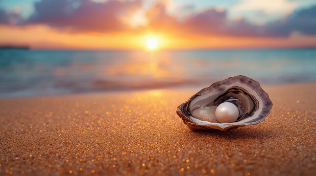 A shiny pearl lies in an open oyster shell on a sandy beach at sunset.