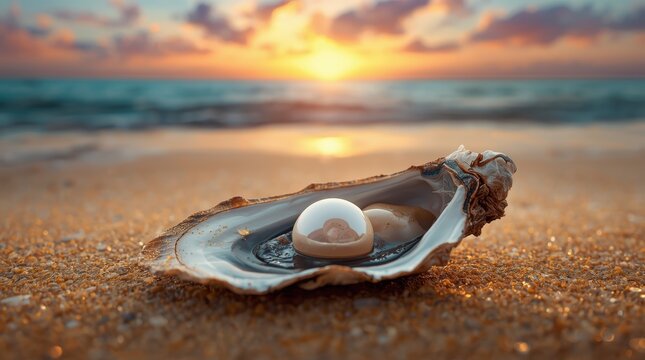 A shiny pearl lies in an open oyster shell on a sandy beach at sunset.