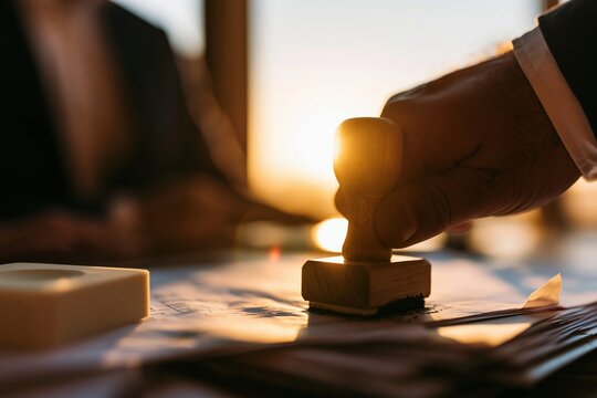 Close up of a hand pressing a wooden stamp onto official paperwork for a visa application, with warm golden sunlight creating a glowing halo for immigration and legal services