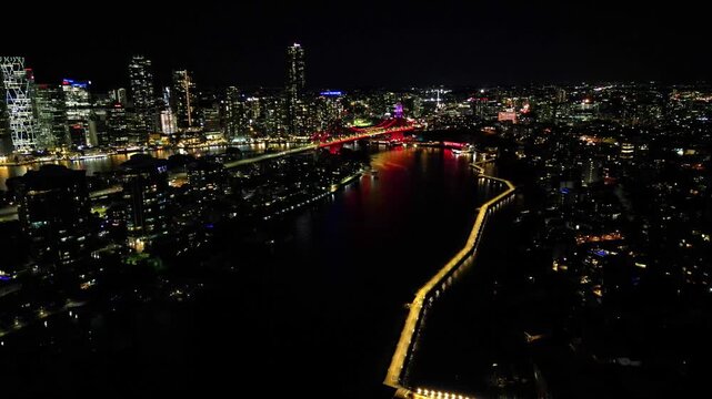 Aerial view of Brisbane city and Story bridge at night