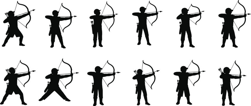 Archery silhouette vector set, bow and arrow shooting poses, archer training design, sports precision concept, black and white illustration art