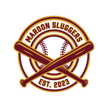 Maroon sluggers baseball team logo with bats ball.
