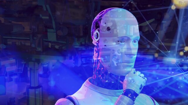 Humanoid robot in a thinking pose surrounded by glowing digital network nodes, symbolizing AI evolution and futuristic robotics.